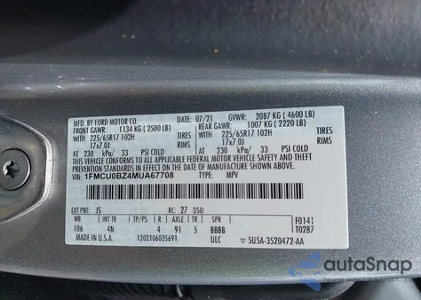 2021 Ford Escape Se Hybrid из США, поврежденный, VIN 1FMCU0BZ4MUA67708